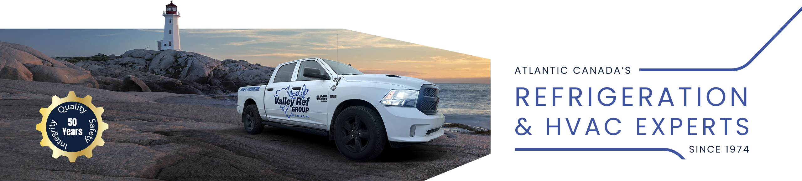 Valley Ref Group truck parked in front of Eastern Canada waterfront with overlaid 50 year anniversary badge