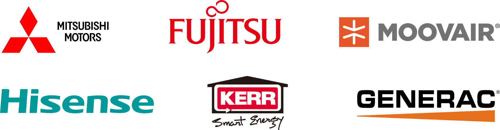 Mitsubishi Motors, Fujitsu, Moovair, Hisense, Kerr Smart Energy and Generic company logos showcasing Valley’s residential HVAC offerings   