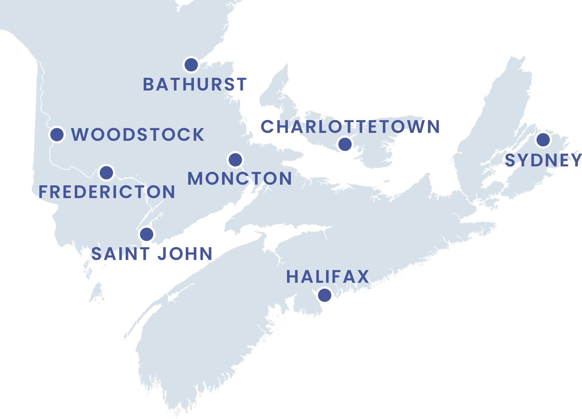 Map of Valley Ref Group’s service locations across New Brunswick, Prince Edward Island, Nova Scotia and Newfoundland